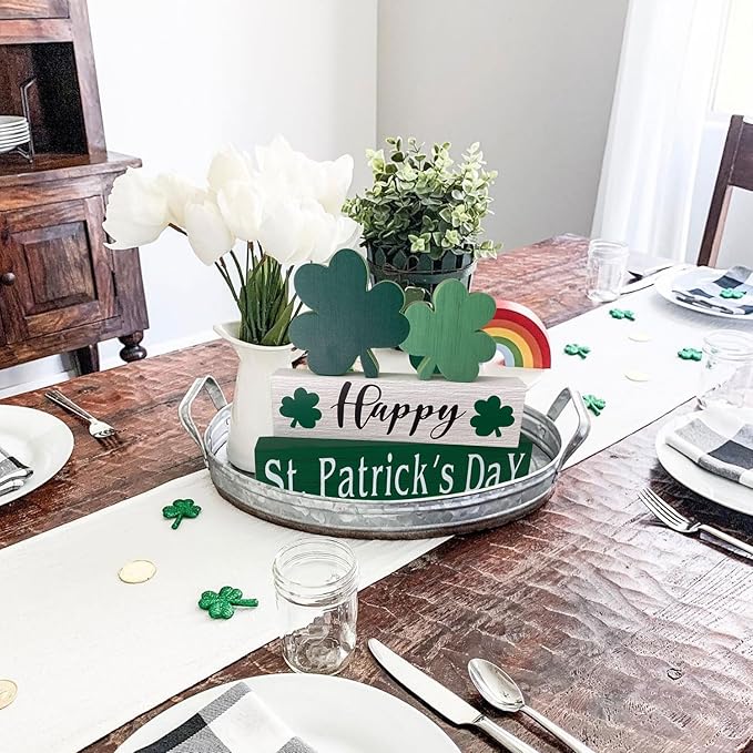 Happy St. Patrick's Day Table Decor Shamrock Home Office Wooden Table Top Decor Centerpiece Decorations for Tiered Trays Shelf Coffee Bar Mantle Windowsill
