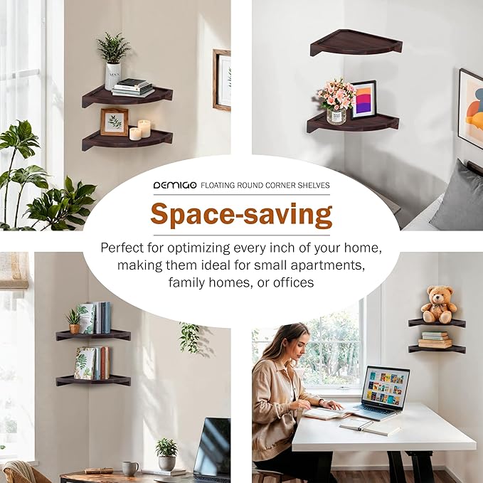 Demigo Floating Round Corner Shelves for Wall 2pcs, Acacia Wood Wall-Mounted Storage Shelves for Home Decor, Space Saving Displays for Living Room, Kitchen, Office, and Bedroom (Dark Brown)