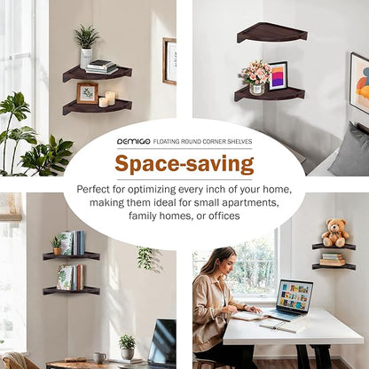 Demigo Floating Round Corner Shelves for Wall 2pcs, Acacia Wood Wall-Mounted Storage Shelves for Home Decor, Space Saving Displays for Living Room, Kitchen, Office, and Bedroom (Dark Brown)