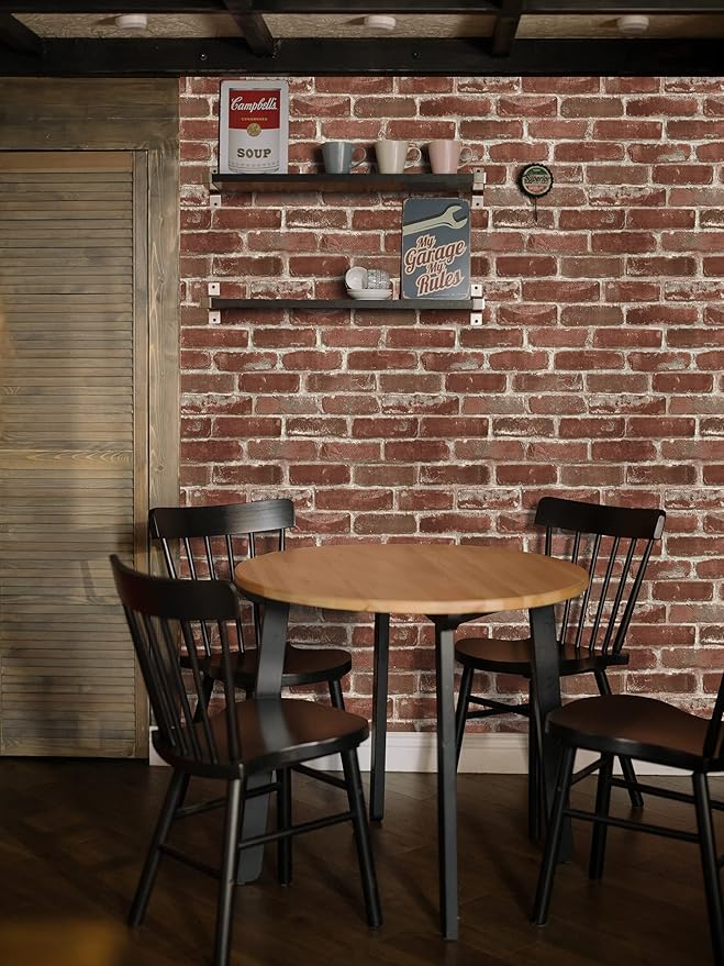 Hopeak Red Brick Wallpaper Self-Adhesive Peel and Stick Wallpaper Waterproof and Removable Good for Home Decoration and Furniture Renovation 35.4 x 196 Inch