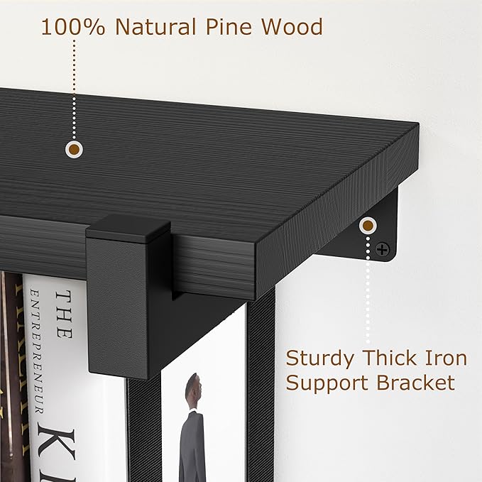 2 Set of Floating Bookshelf, Pine Wood Invisible Bookshelf, Hanging Bookshelves for Wall, Unique Space Saving Wall Bookcase, New Black (16.5L×8.7W×1.5H)