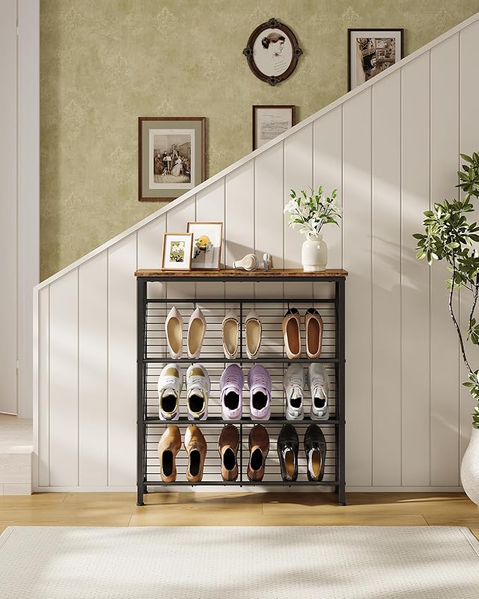Shoe Rack, 4-Tier Narrow Shoe Storage Shelf, Slim Shoe Rack with Wooden Top and Metal Shelves, Slanted Shoe Organizer, Industrial Style, for Entryway, Hallway, Rustic Brown and Black TXJ76BF