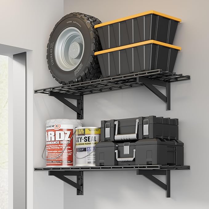 2 Pack Heavy Duty Garage Wall Shelving Set (1x4ft), Wall Mounted Garage Shelves 700lbs Capacity, 12