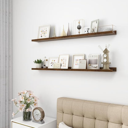 Picture Ledge Shelf, Wood Long Floating Shelves for Wall, Set of 2, 48 inch Picture Ledge Shelves, Photo Ledge Nursery Book Shelves Wall Mounted for Living Room Kids' Room Bedroom, Color Walnut