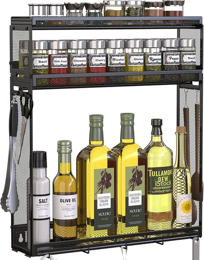 Docnest 3 Tier Wall Mounted Spice Rack with 9 Hooks-2 Installation Ways (Screw/Adhesive), Space-Saving Metal Spice Shelf for Jars & Seasonings, Hanging Organizer for Kitchen, Pantry, Home Decor, Black