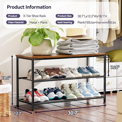 Wood Shoe Rack, 3 Tier Freestanding Shoe Organizer Storage with Metal Mesh Shelf for Entryway, Easy Assemble, 12" D x 30" W x 18" H, Brown Black