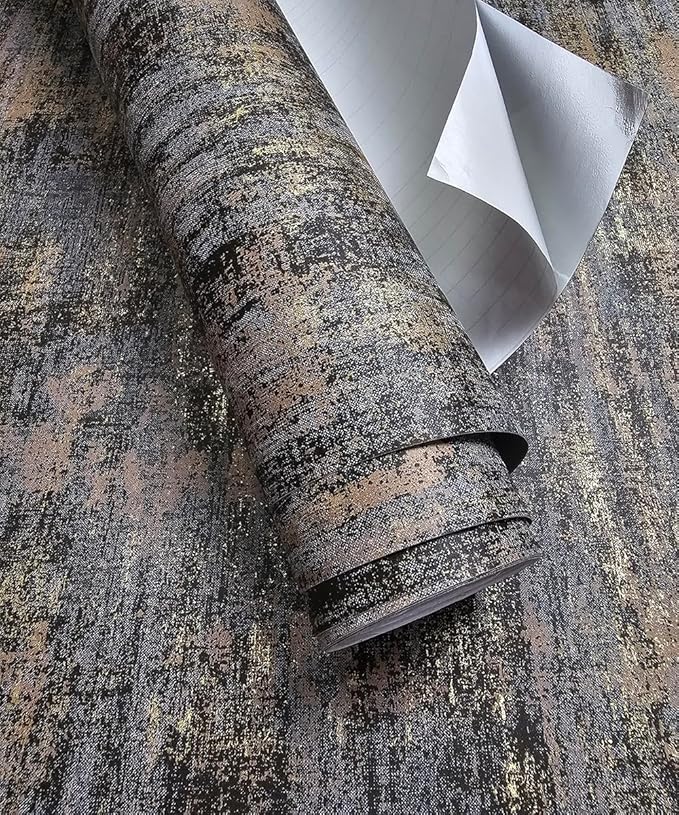 Black Gold Textured Wallpaper Distressed Industrial Metallic Peel and Stick Wallpaper 17.7in x 19.68ft Self Adhesive Contact Paper