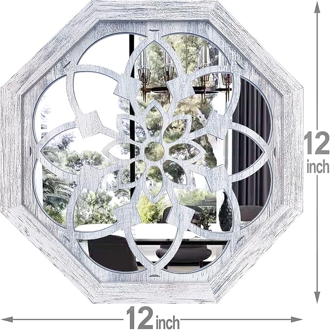 2 PCS Octagon Wall-Mounted Mirrors,Vintage Farmhouse Mirror for Wall Decor,Rustic White Color Decorative Accent Mirror for Foyer, Bathroom, Bedroom. (12”x12”)