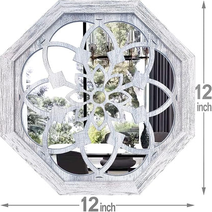 2 PCS Octagon Wall-Mounted Mirrors,Vintage Farmhouse Mirror for Wall Decor,Rustic White Color Decorative Accent Mirror for Foyer, Bathroom, Bedroom. (12”x12”)