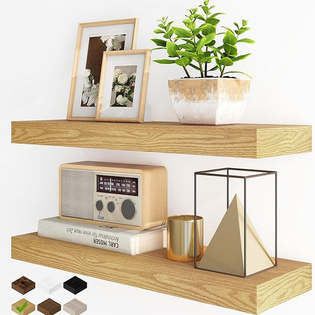 Fun Memories Floating Shelves for Wall, 24Inch Floating Shelves Set of 2, Hanging Shelf with Invisible Brackets, Wood Shelves for Living Room, Bedroom, Kitchen, Oak