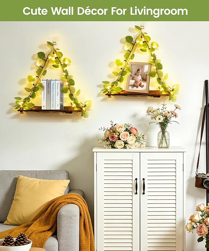 Macrame Hanging Shelf for Wall Decoration with Eucalyptus Lighted Garland,2 Pack Boho Hanging Shelves&Greenery Eucalyptus Garland with Lights for Bedroom Living Room Boho Wall Décor, Wedding Décor