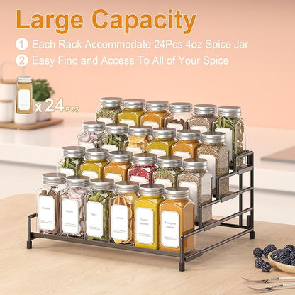 4-Tier-Spice-Rack-Organizer-for-Cabinet, Adjustable Depth Spice Holder Shelf For Countertop Pantry Cupboard, Metal Tiered Seasoning Organizer,Display Shelf Riser (Black-2 Pack)