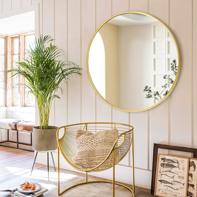 Fabuday Round Gold Mirror 30 Inch - Large Circle Mirror for Bathroom, Bedroom, Living Room, Hallway Decor, Hanging Big Golden Framed Circular Mirror