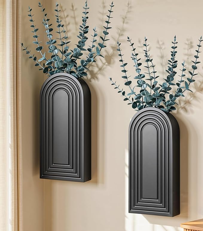 DREAMLOOM 2 Pack Wooden Wall Vases with Eucalyptus Artificial Plants, Wall Hanging Planters Boho Modern Farmhouse Indoor for Narrow Spaces Entryway Bathroom Home Office Decoration, Black