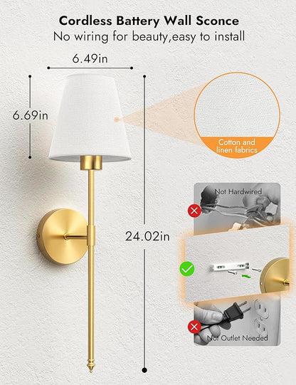 VOLISUN Battery Operated Wall Sconces Set of Two, Wireless Wall Sconces with Remote and Dimmable Bulbs, 9 Colors Battery Powered Wall Lights, Gold Rechargeable Wall Lamps for Bedroom (23.6 inch)