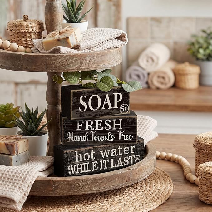 4 Pcs Bathroom Shelf Decor Sign Farmhouse Bathroom Decor and Accessories Rustic Eucalyptus Leaves Block Sign Soap Fresh Hand Towel Free Table Centerpiece for Home Toilet Hotel Campsite