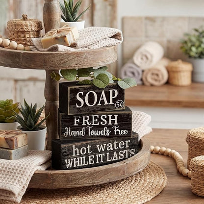 4 Pcs Bathroom Shelf Decor Sign Farmhouse Bathroom Decor and Accessories Rustic Eucalyptus Leaves Block Sign Soap Fresh Hand Towel Free Table Centerpiece for Home Toilet Hotel Campsite