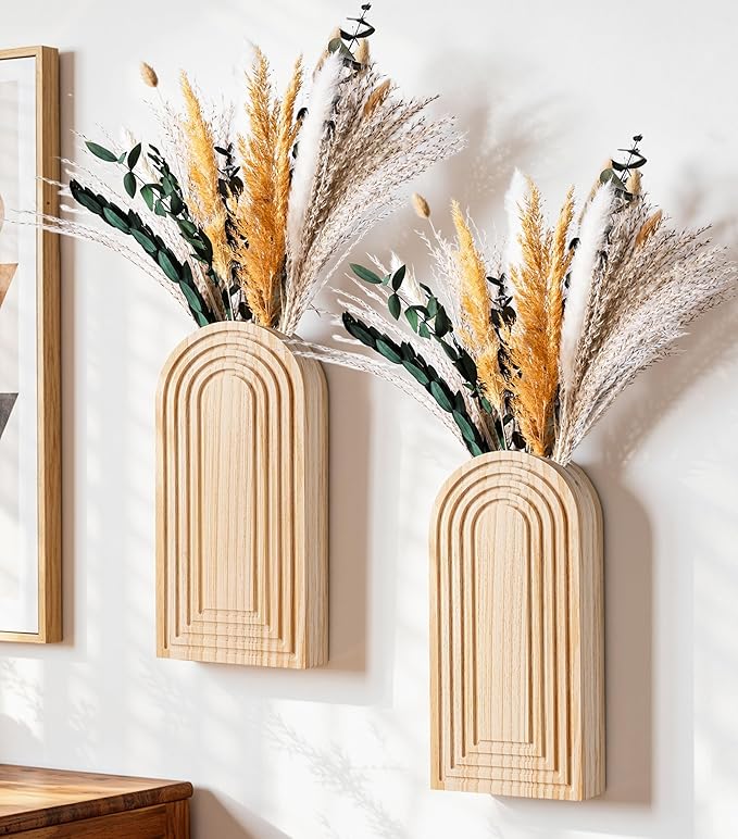 DREAMLOOM 2 Pack Wooden Wall Vases with Dried Pampas Grass and Eucalyptus Plants, Wall Hanging Planters Boho Modern Farmhouse Indoor for Narrow Spaces Entryway Bathroom Home Office Decoration, Retro