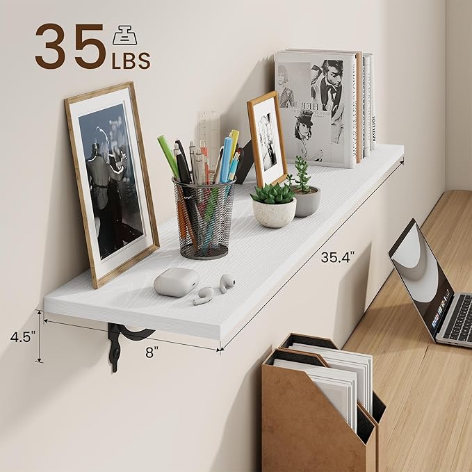 RICHFOCUS Floating Shelves for Wall Decor, 35.4W x 8D Shelves Set of 2, 8 Inch Deep Rustic Wood Shelves Wall Mounted with Brackets, Long Floating Shelves for Living Room Bedroom Kitchen, White