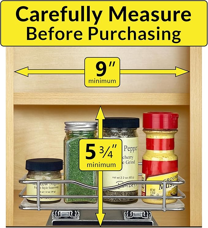 LYNK PROFESSIONAL® Pull Out Spice Rack Organizer for Inside Kitchen Cabinets - 8-3/8 inch Wide - Slide Out Drawer – Chrome Sliding Spice Organization for cabinet - Spice Racks - 1 Tier