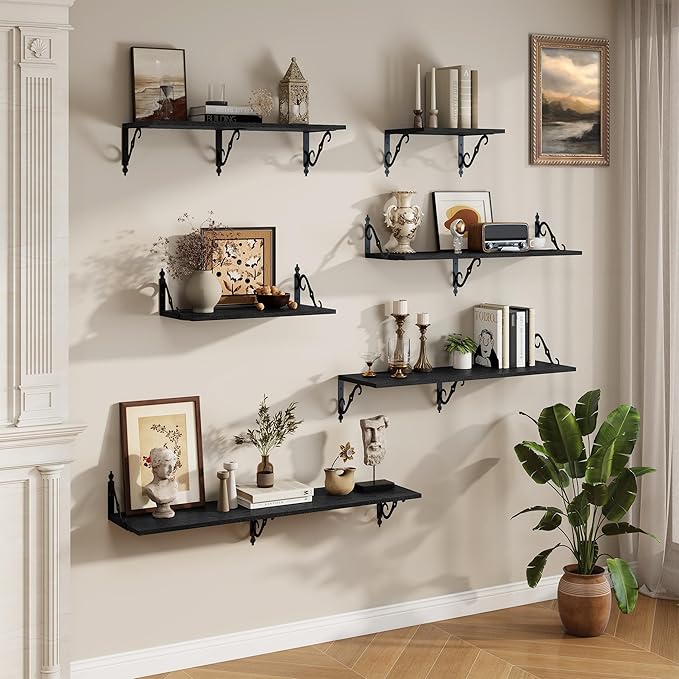 RICHFOCUS 12 Inch Deep Floating Shelves for Wall, 16" W x 12" D Black Wood Wall Shelves Set of 2, Wide Floating Shelves for Living Room, Bedroom, Kitchen, Bathroom and Decor Storage, Black
