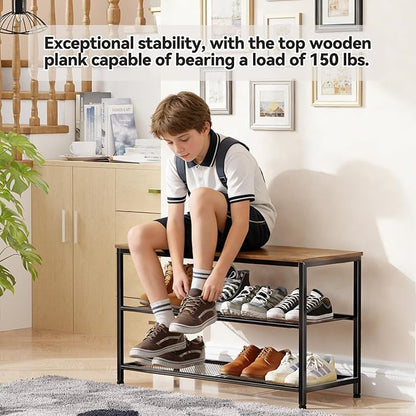 Wood Shoe Rack, 3 Tier Freestanding Shoe Organizer Storage with Metal Mesh Shelf for Entryway, Easy Assemble, 12" D x 30" W x 18" H, Brown Black