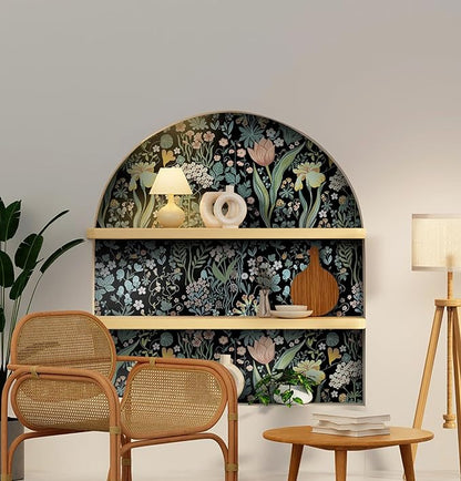 Peel and Stick Wallpaper Vintage Wall Paper Black Floral Contact Paper Removable Wallpaper 17.3"x78.7" Leaf Flower Self Adhesive for Bedroom Drawer Decor Vinyl Rolls