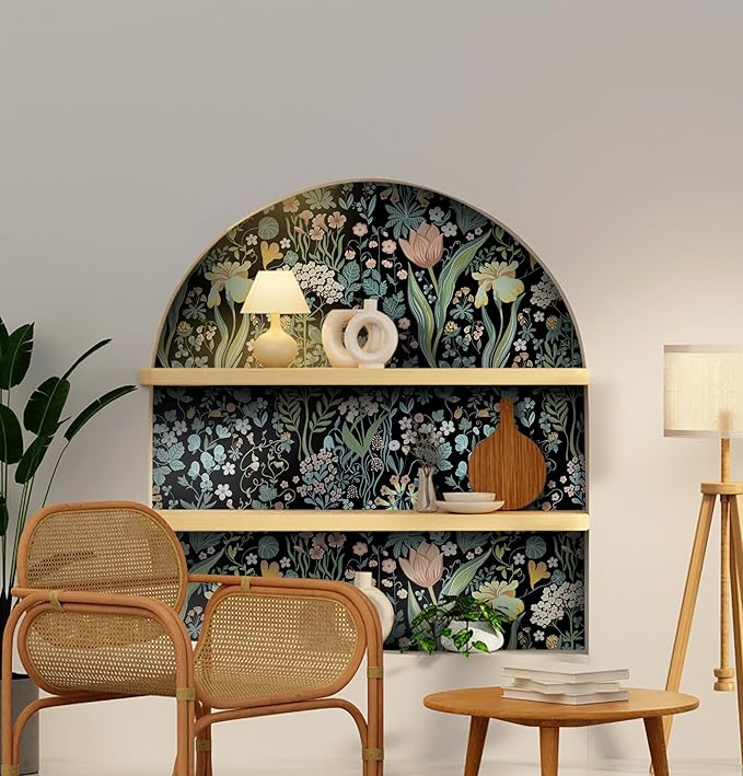 Peel and Stick Wallpaper Vintage Wall Paper Black Floral Contact Paper Removable Wallpaper 17.3