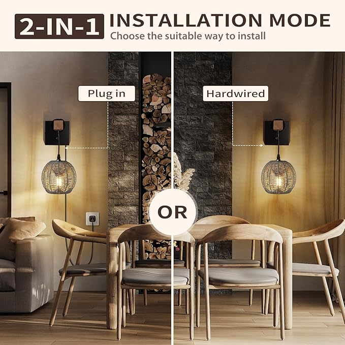 N01 100% Dimmer Wall Sconce with Hand Woven Rattan Boho Wall Lamp Farmhouse Wall Mount Light Fixture Plug in Wall Sconces for Bedroom Living Room Kitchen