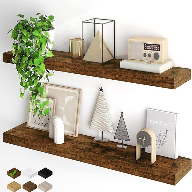 Fun Memories Floating Shelves for Wall, 40Inch Floating Shelves Set of 2, Hanging Shelf with Invisible Brackets, Wood Shelves for Living Room, Bedroom, Kitchen, Brown