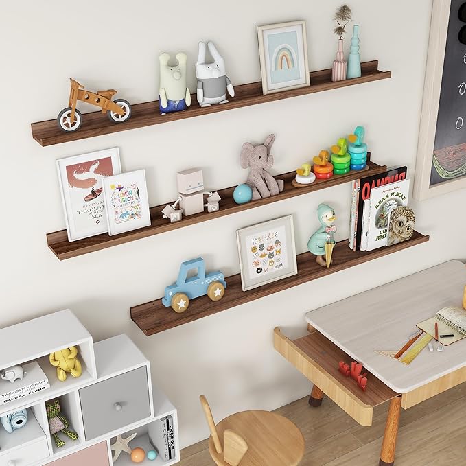 Axeman Picture Ledge Shelf | 55 Inch Walnut Floating Shelves Set of 3 | Rustic Wood Wall Shelves with Lip | 55