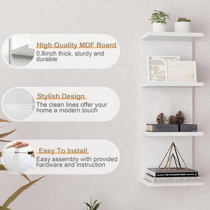 Fun Memories 4 Tier Wall Shelf Unit, Vertical Floating Shelf, Wall Mount Lack Shelving Home Decor Organizer Tall Tower Design Utility Shelving for Bedroom Living Room, White