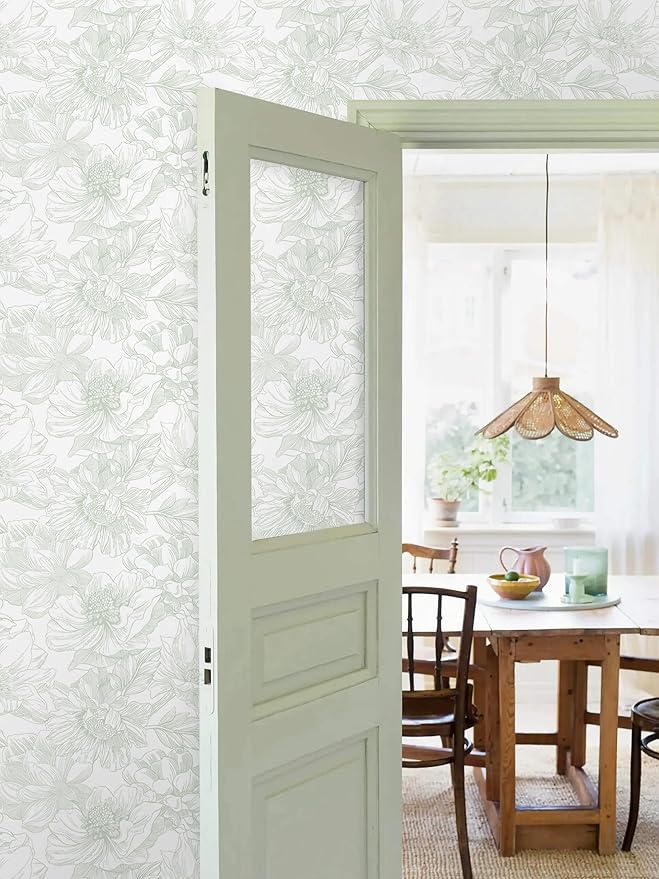 Ismoon Large Floral Peel and Stick Wallpaper Boho White and Green Contact Paper 17.3inx16.3ft Modern Wall Paper Removable Self Adhesive Vinyl Wallpaper for Bedroom Cabinet Bathroom Mural Wall Decor