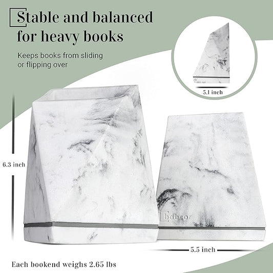 Marble Style Bookends - Decorative, Heavy Duty Book Holder for Shelves, Non Skid, Unique Design (White)