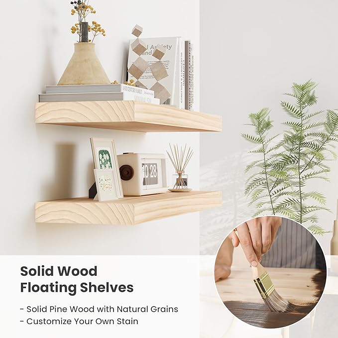 Fun Memories Wood Floating Shelves Set of 2, Rustic Pine Wood Floating Shelves for Wall Mounting, Wide Wall Shelf for Home Decor and Storage, 36" W x 7" D, Natural Unfinished, DIY Stain