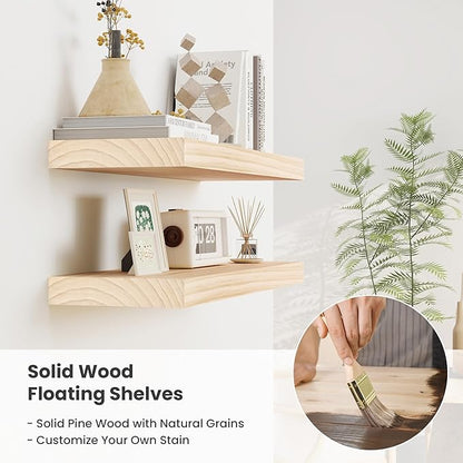 Fun Memories Wood Floating Shelves Set of 2, Rustic Pine Wood Floating Shelves for Wall Mounting, Wide Wall Shelf for Home Decor and Storage, 36" W x 7" D, Natural Unfinished, DIY Stain
