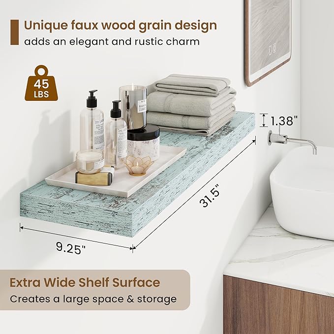 32in Floating Shelves for Wall, 32"W x 9.25"D x 1.25"H, 2 Pack Long Wall Mounted Engineered Wood Shelves with Invisible Brackets for Living Room, Bedroom, Bathroom, Kitchen Decor and Storage, Blue