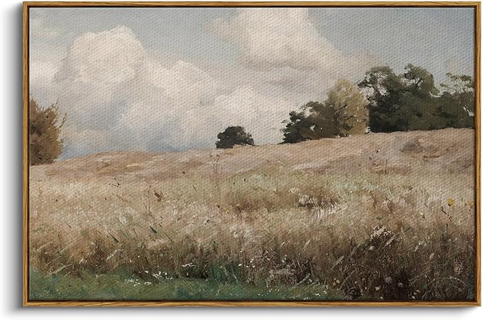 InSimSea Framed Canvas Wall Art Vintage Decor, Farmhouse Scenery Vast Field Grassland Paintings, Large Prints, Nature Landscape Wall Decoration for Living Room Bedroom Bathroom, 24"x36"
