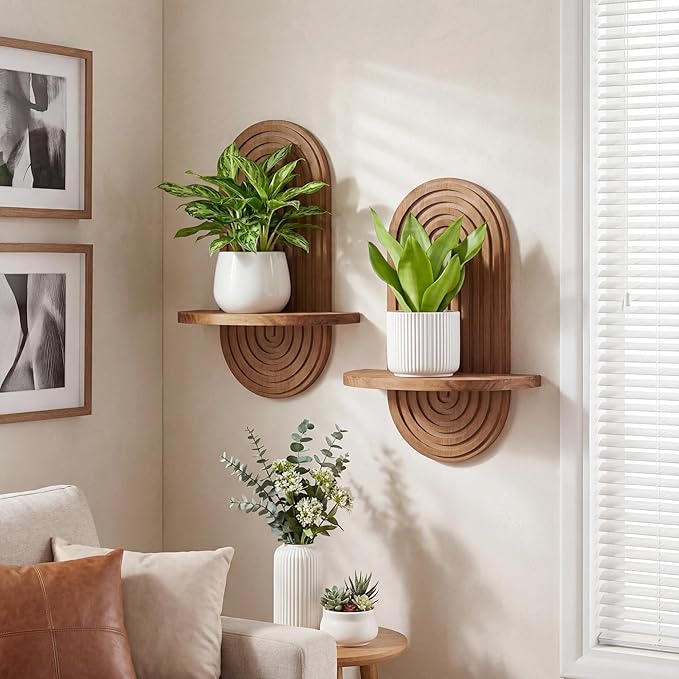 Set of 2 Boho Arched Floating Shelves 15.7”x 7.8”3D Wooden Hanging Shelf for Living Room Bedroom Nursery Mid Century Modern Wall Decor(Dark Brown, 11.7 * 15.7)
