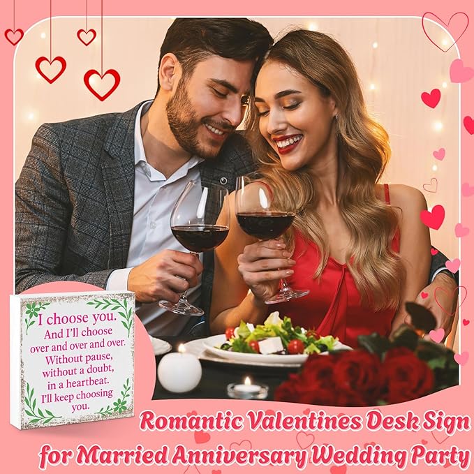 Valentines Desk Decor, Valentine's Day Home Office Table Sign for Wife Daughter from Dad Husband, Valentine Gifts Decorations for Porch Tiered Tray Shelf Party, I Choose You Over and Over