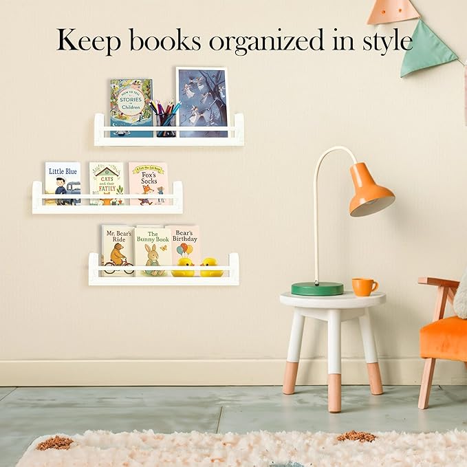 Floating Nursery Book Shelves, 16.5 inch Wall Book Shelves Kids Room, Set of 3 Baby Shelves for Nursery Décor, Ideal Wooden Nursery Shelves for Teens Kids Room, Bedroom Bathroom and Kitchen (White)