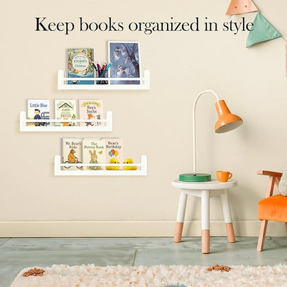 Floating Nursery Book Shelves, 16.5 inch Wall Book Shelves Kids Room, Set of 3 Baby Shelves for Nursery Décor, Ideal Wooden Nursery Shelves for Teens Kids Room, Bedroom Bathroom and Kitchen (White)