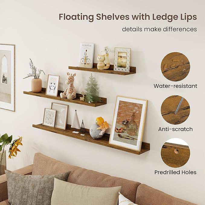Axeman 40 Inch Floating Shelves | Brown Picture Ledge Shelf Set of 3 | Rustic Brown Wood Wall Shelves with Lip | 40
