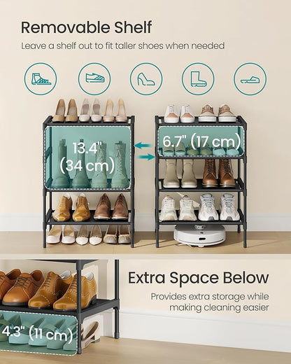 SONGMICS Shoe Rack, 4-Tier Shoe Storage Organizer, Space-Saving, 11.7 x 16.5 x 26 Inches, Entryway, Metal Frame, Non-Woven Fabric Shelves, Ink Black ULSH014BH01