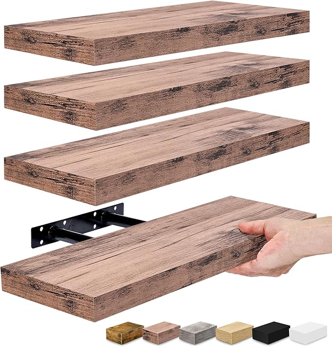 Sorbus Floating Shelves for Wall – 16 Inch Floating Shelf for Kitchen, Bedroom, Living Room, Bathroom, Home & Wall Decor - Mounted Bathroom Shelves with Invisible Brackets (Mahogany, 4 Pack)