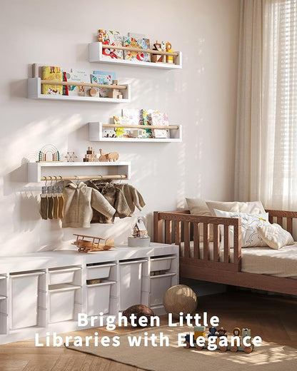 Nursery Book Shelves, 4 Pack, Wall Book Shelves for Kids Room, Baby, Toddler, Nursery Decor (White Wood, 23.1 Inches)