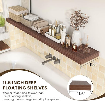 72 Inch Walnut Floating Shelf | 12 Inch Deep Floating Shelves Set of 1 | 72" D x 12" D Rustic Wood Shelves for Wall | Deep Walnut Shelves for Living Room Bathroom Laundry Room Kitchen