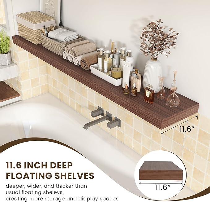 72 Inch Walnut Floating Shelf | 12 Inch Deep Floating Shelves Set of 1 | 72