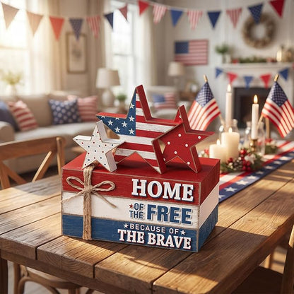 Geelin 4 Pcs Memorial Day Patriotic Wooden Book Stack Decorations, Tabletop Book Sign Ornaments with American Flag Stars, Rustic Red White Blue Tiered Tray Decor for Home, Office, Independence Day