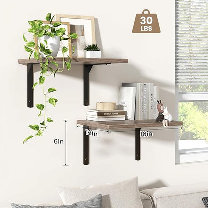 Fun Memories Floating Shelves for Wall, 12 Inch Deep Floating Shelves Set of 2, Wall Mounted Shelf with Metal Brackets, Rustic Wood Wide Shelf for Bathroom, Kitchen and Living Room, Grey, 16W x 12D